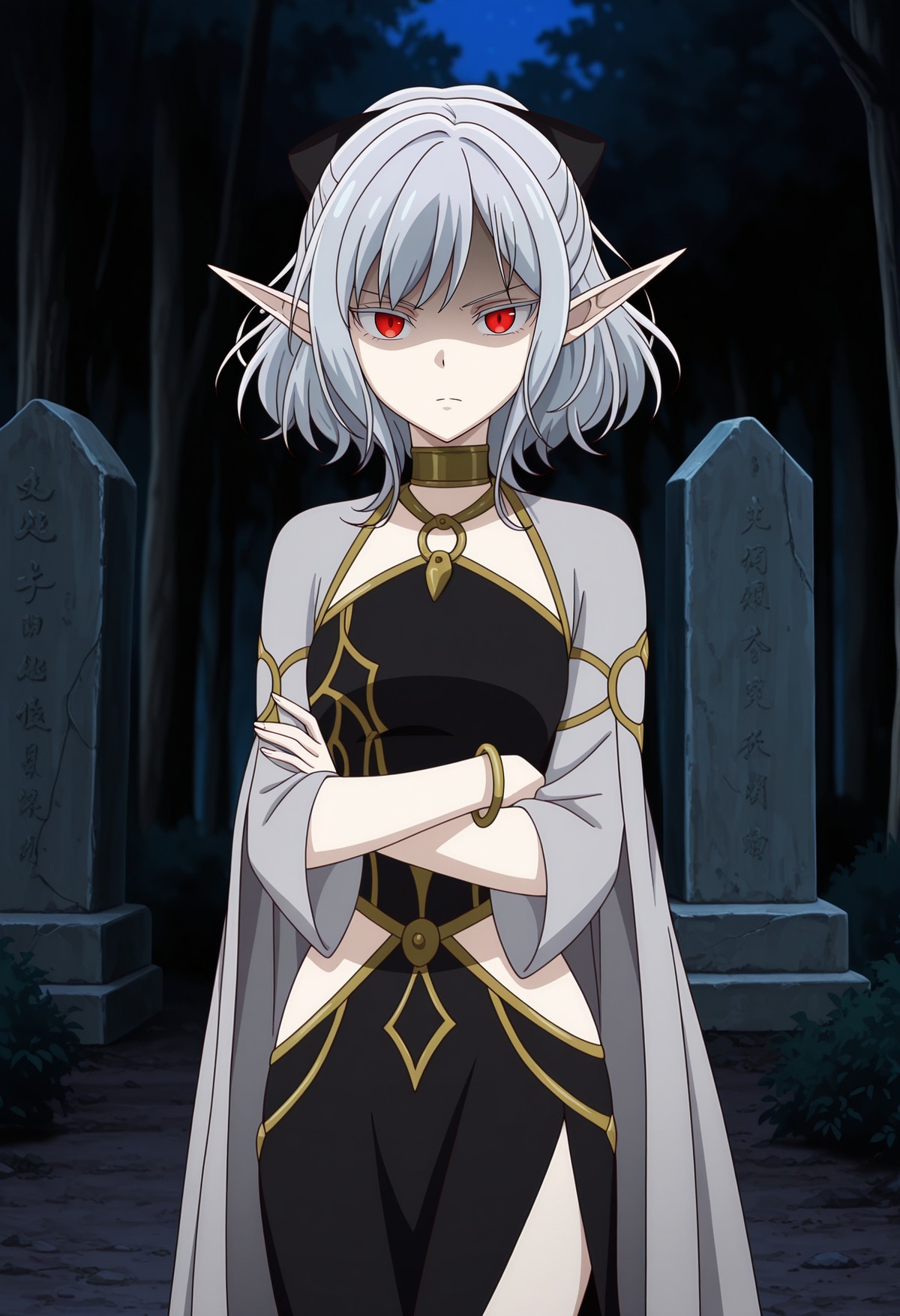 A woman with glowing red eyes, short white hair, long, pointed ears, and a stern, angry facial expression is standing with her arms crossed over her chest in a graveyard at night. She is wearing a sleeveless black dress with gold trim, a high leg slit, and a halter top, which is layered under a light gray, semi-transparent shawl that drapes over her shoulders and arms. She accessorizes with a gold choker, a gold bracelet, and a black ribbon in her hair. The background consists of large, upright stone tombstones with engravings, set against a dark forest under a deep blue night sky.