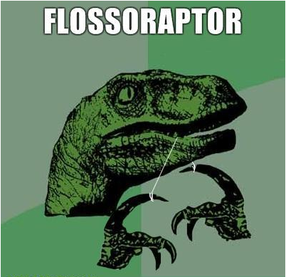 Philosoraptor meme format, with dental floss added. Top text "FLOSSORAPTOR", no bottom text.