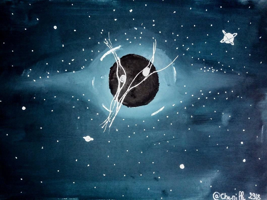 Water colour drawing of a blackhole in a starry sky.

Made by Cheniffe who I've lost touch with but who used to be available on wattpad.
