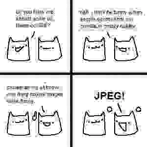 Heavily compressed comic of two cats talking with the text unreadable. In the final panel one cat says "JPEG!"