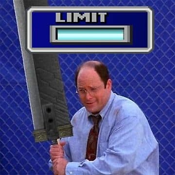 George Costanza from Seinfeld baseball image but he's holding the Buster sword and is about to limit break