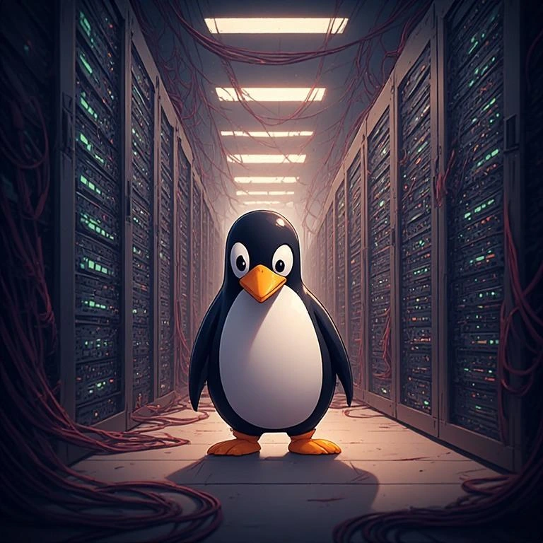 Tux, la mascotte del pinguino Linux, si trova in una sala server con file di rack e cavi rossi.