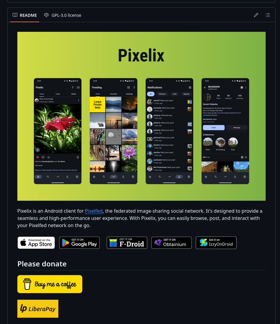 Screenshot of Github readmy of Pixelix. It shows four screenshots of the app, the badges to the different stores and some donating platforms
