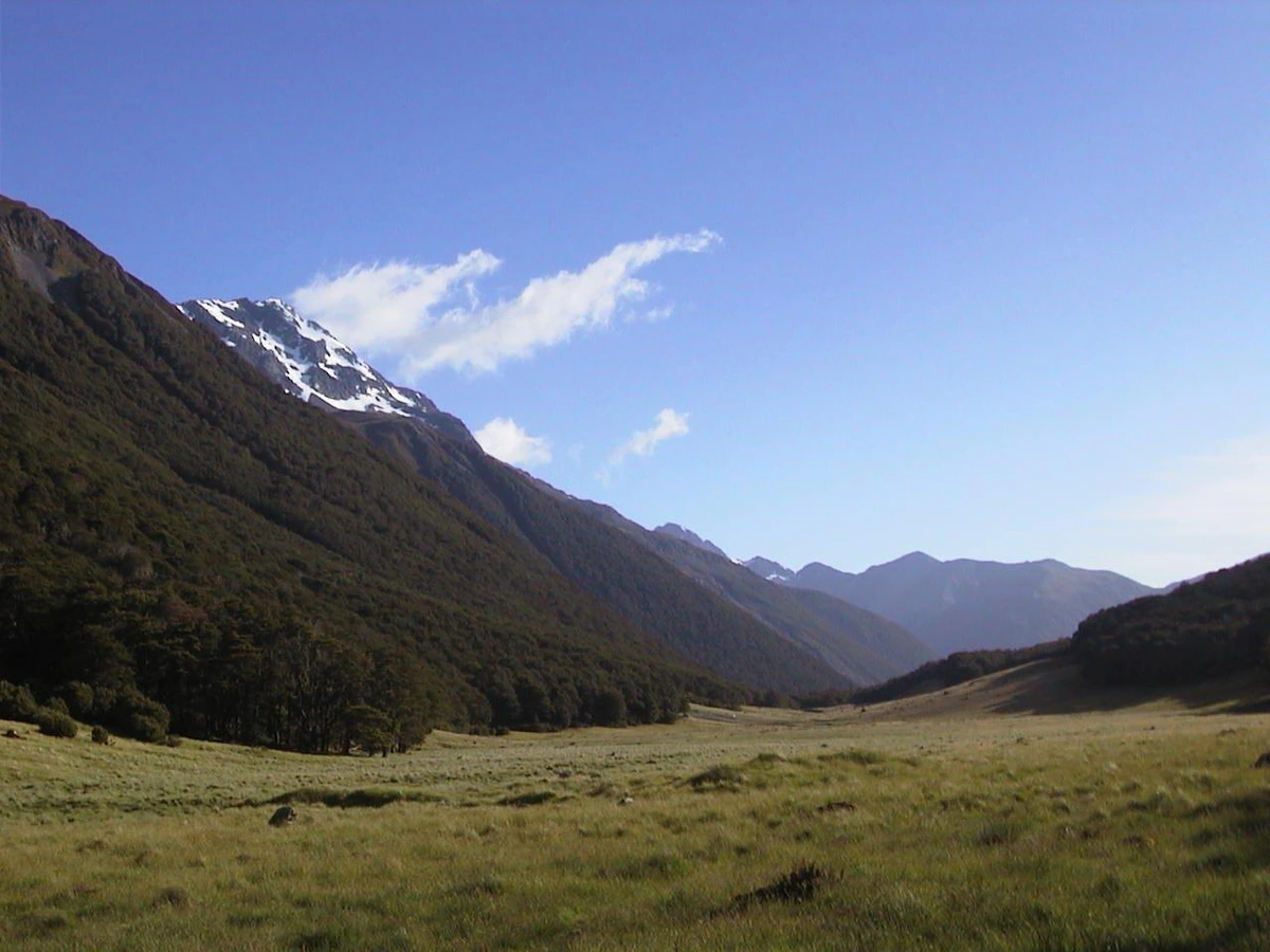 A picture taken on the South Island of New Zealand on a St. James Walkway backpacking trip while hiking to Christopher Hut. Some snowcapped mountains can be seen on the left in the distance. A green meadow is in the foreground.  Green forested hills can be seen on either side of the meadow with mountains in the distance.