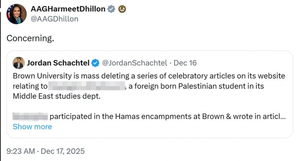 Jordan Schachtel • @JordanSchachtel • Dec 16
Brown University is mass deleting a series of celebratory articles on its website relating to a foreign born Palestinian student in its Middle East studies dept. participated in the Hamas encampments at Brown & wrote in articl...
Show more
9:23 AM • Dec 17, 2025

