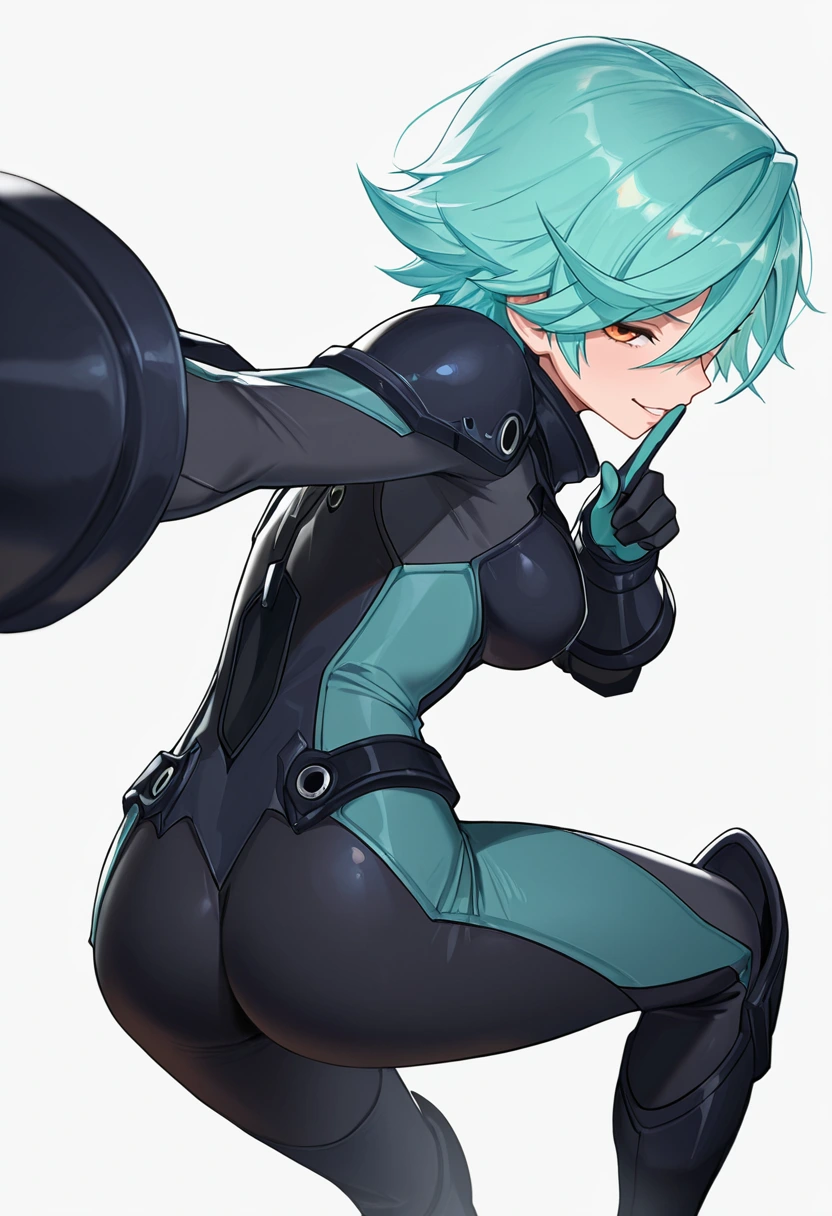 A young woman with orange eyes and short, spiky mint-green hair, wearing a smirking expression, looking back over her shoulder with her finger pressed to her lips. She is wearing a form-fitting dark navy and teal full-body bodysuit with black armored shoulder pads and gloves, and her right arm is toward the viewer. 