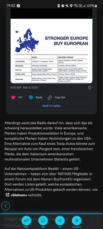 The Buy European movement has been mentioned on a major Swiss news site (20 Minuten)