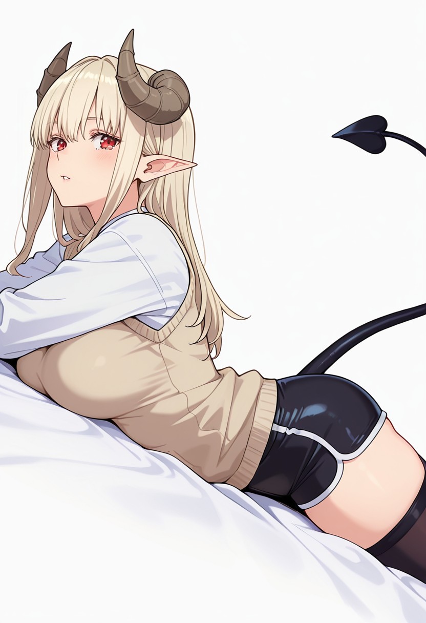 A woman with red eyes, long blonde hair, pointed ears, a pair of large, brown, curved horns, a long, black, spade-tipped tail, and a neutral expression looks over her shoulder at the viewer. She is lying on her stomach on a white surface, propped up with her arms in front of her. She is wearing a long-sleeved white shirt under a tan sweater vest, shiny black athletic shorts with white trim, and black thigh-high stockings. 