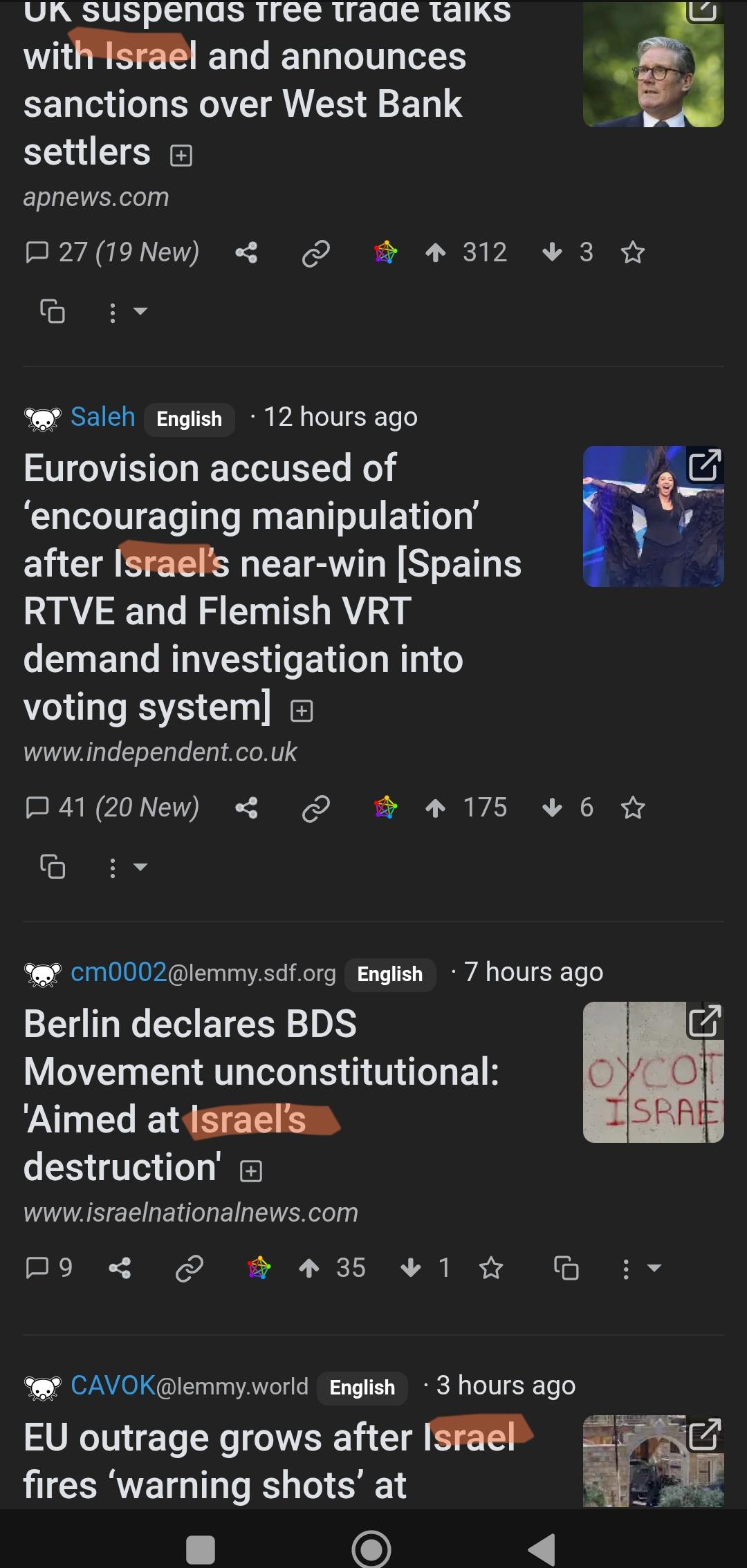 Top comments in c/Europe, all showing Israel stuff