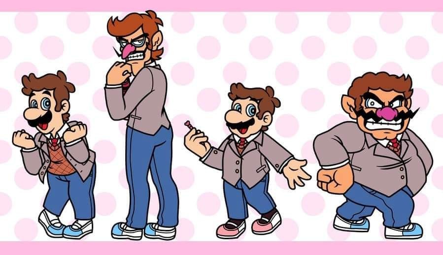 the Mario brothers and Wario and Waluigi dressed up like the girls from Doki Doki Literature Club