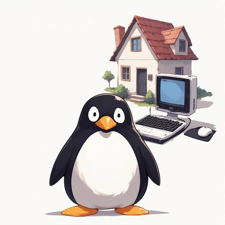 Tux il pinguino di Linux davanti a casa con un pc