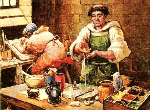 Medieval artist making paint from eggs