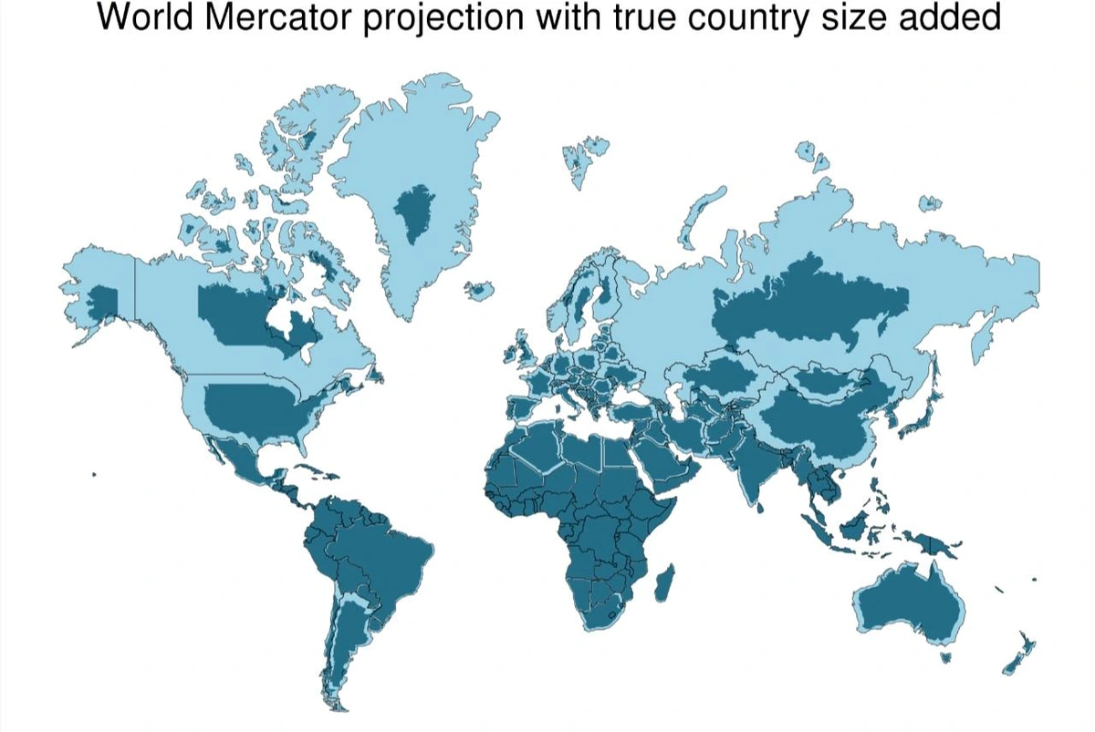 World map with countries real sizes