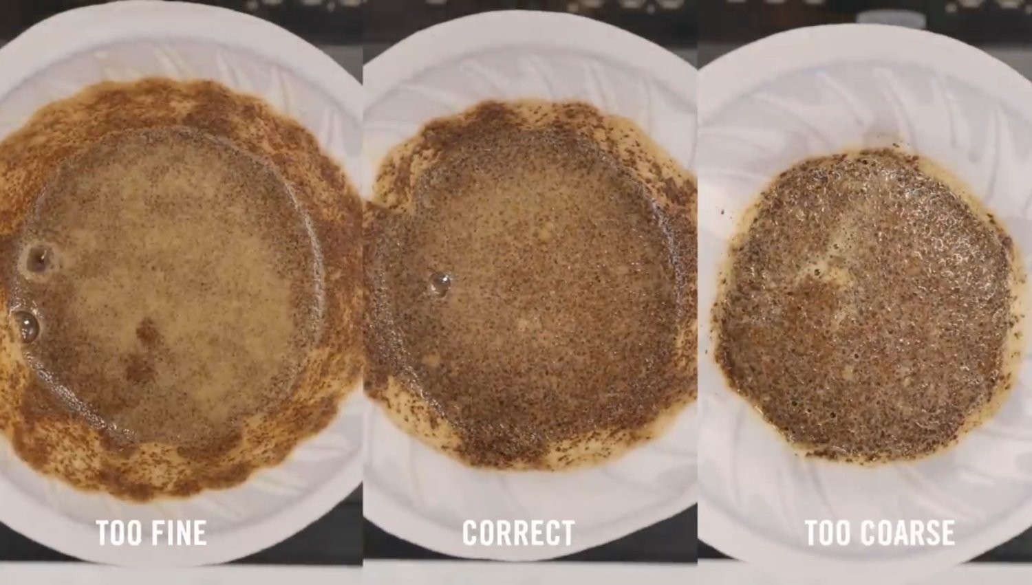 Photo of three pour overs from above. Left to right: too fine (soupy), correct (?), too course (water drains almost immediately)
