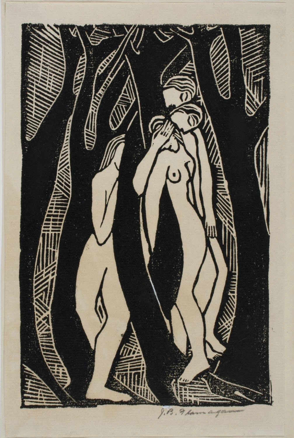 Simple demure entangled female figures are gracefuly entwined into a black and white forest scene.