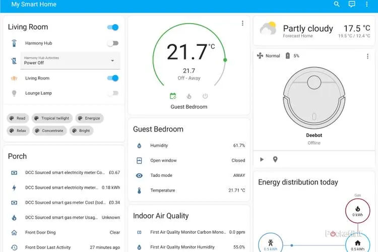 A Home Assistant dashboard showing smart home controls