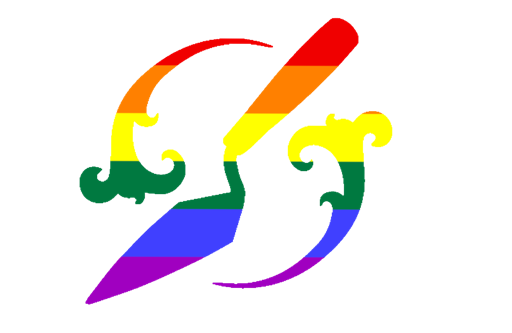 Black Trowel Collective Logo: In the centre, a trowel, surrounded by floral designs, coloured in the pride rainbow.