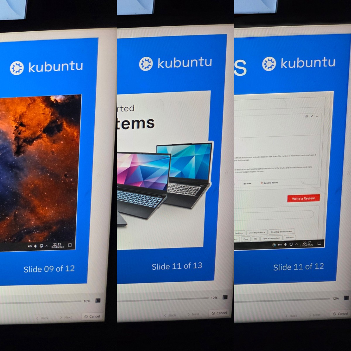 A picture of three Kubuntu installation slides, one says 9/12 the second says 11/13 the third says 11/12. They were put in order seen in the slides.