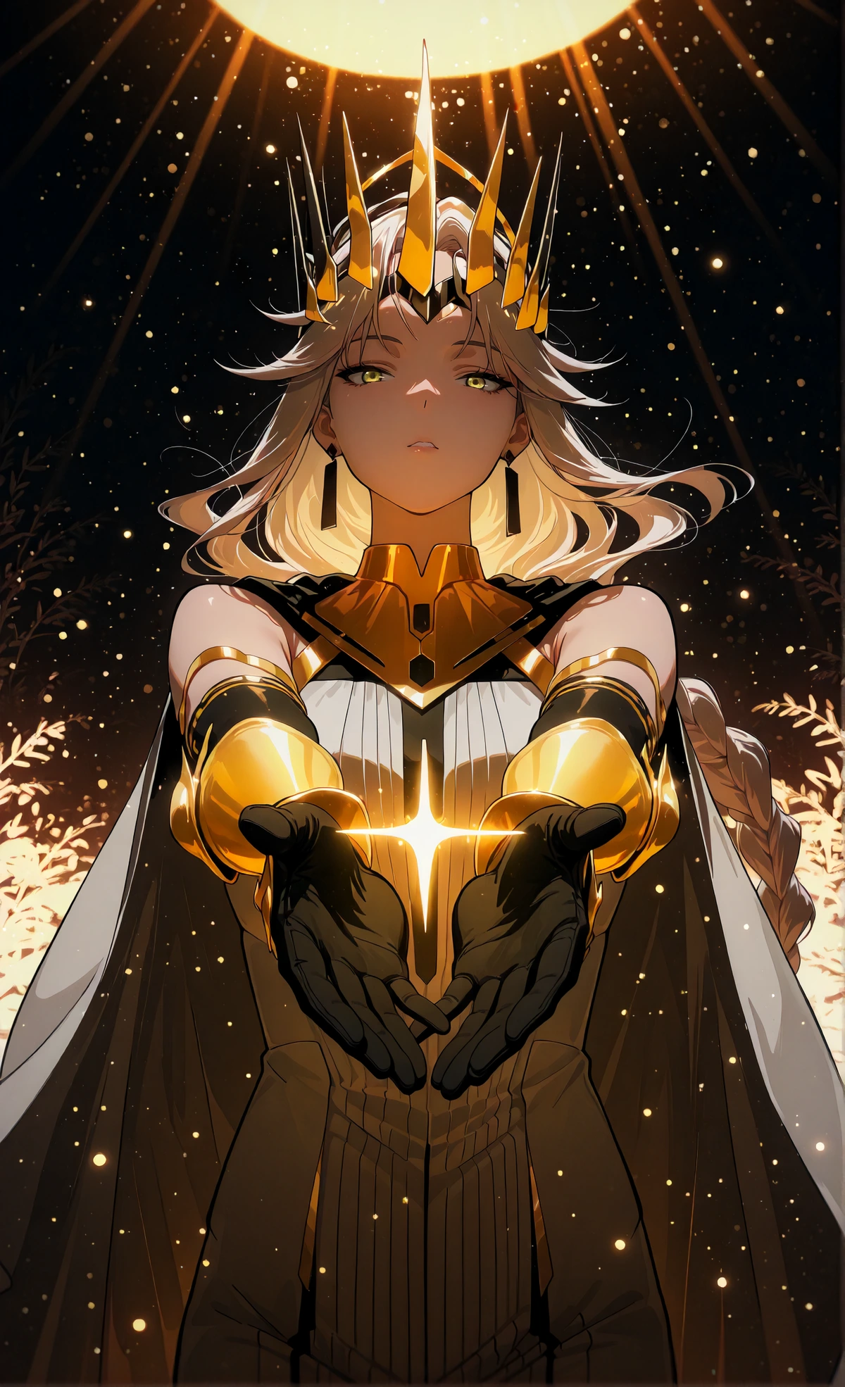 A woman with yellow eyes and long white hair, wearing a spiked gold crown holding her hands out in front of her, palms-up, projecting a four-pointed star of light between them. She is wearing a highly detailed outfit composed of a white dress with vertical pleats, gold armor over the arms and neck, black gloves, and a long white cape. She is standing in a dark environment with silhouetted plants on either side that are bathed in warm light from a large, glowing golden orb at the top of the image. The background is black, with numerous glowing speckles floating in the air around her.