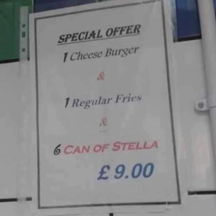 Picture of a menu item listing 1 cheese burger, 1 regular fries and 6 cans of Stella for £9.