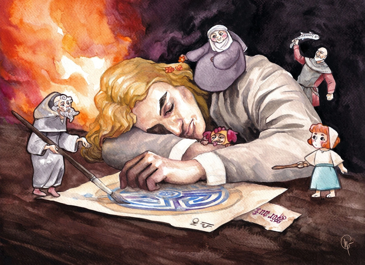 Painting of Andreas Maler from Pentiment sleeping at his desk while a fire rages in the background and little spirits of the Tassing Townpeople clamber over his personage, poking him.