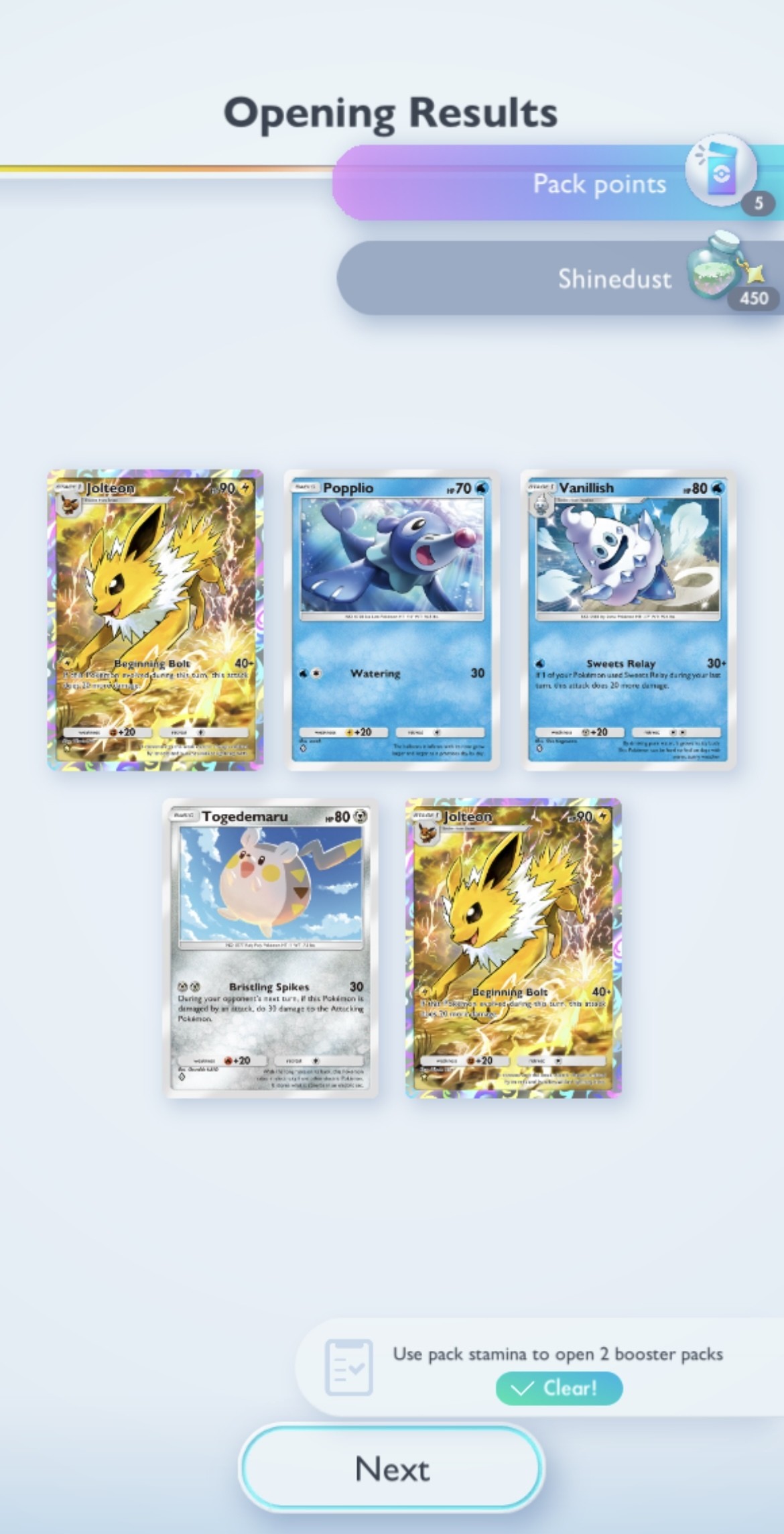Screenshot of Pokemon Trading Card Game Pocket with 2 Jolteon cards