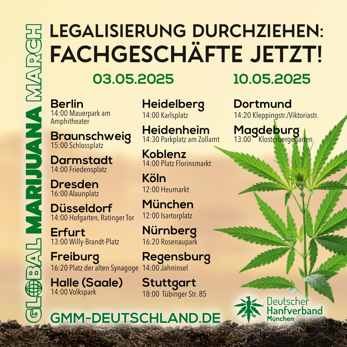 Terminübersicht Global Marijuana March Demonstrationen bundesweit in 18 Städten am 03.05.2025 und 10.05.2025. Alle Termine auf https://gmm-deutschland.de/