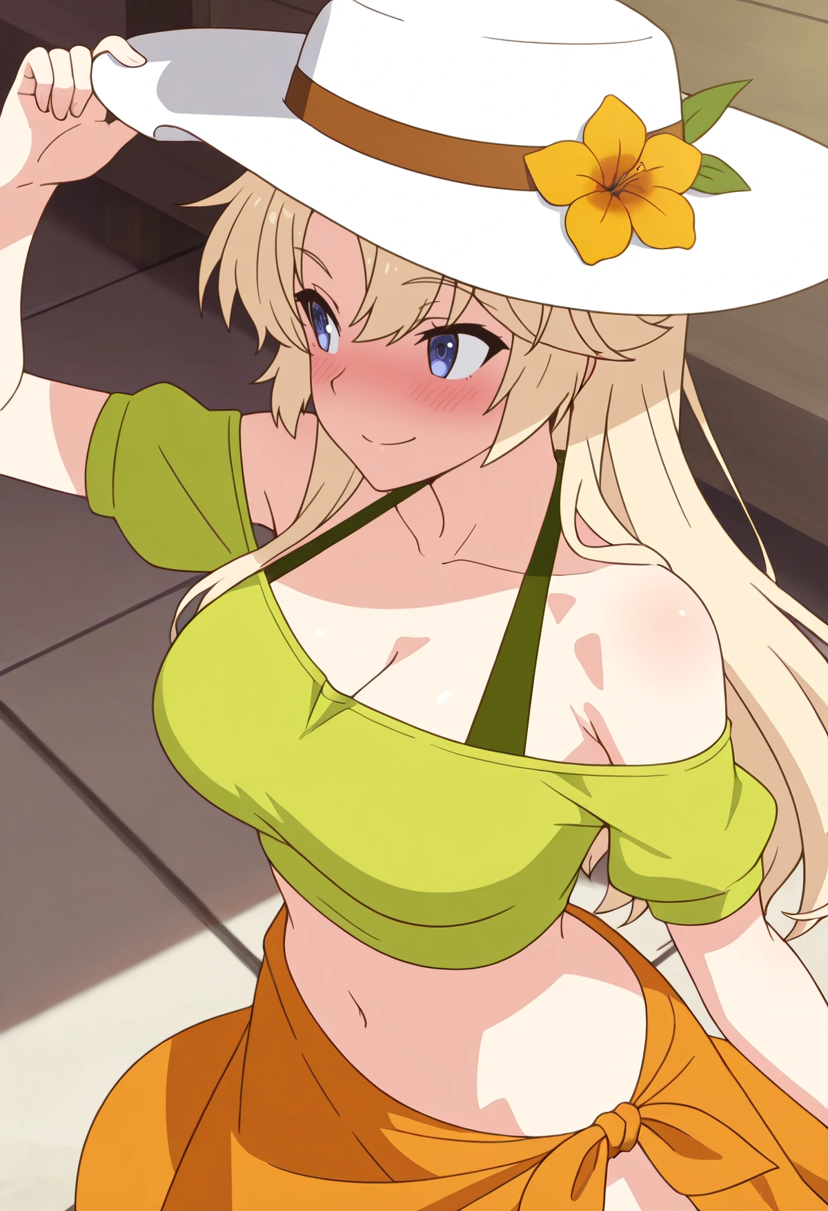 A smiling young woman with blue eyes and long blonde hair and heavily blushed cheeks, standing while adjusting the brim of a white sunhat with her right hand. She wears a lime-green off-the-shoulder crop top, an orange sarong tied at the waist, and a white sunhat featuring a brown band and a large yellow flower with green leaves. The background consists of a gray tiled floor that extends to the lower left. 