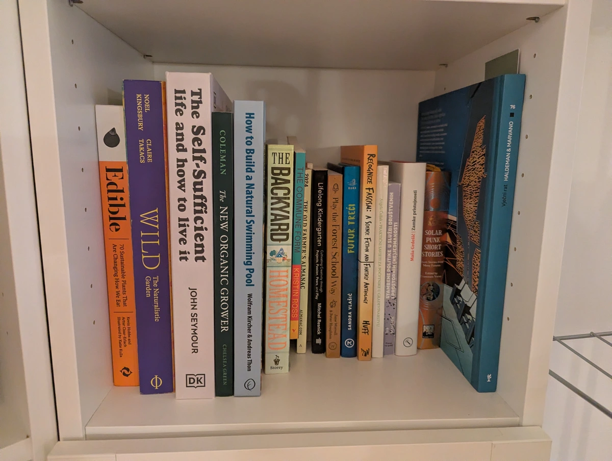 A picture of a bookshelf with several titles visible