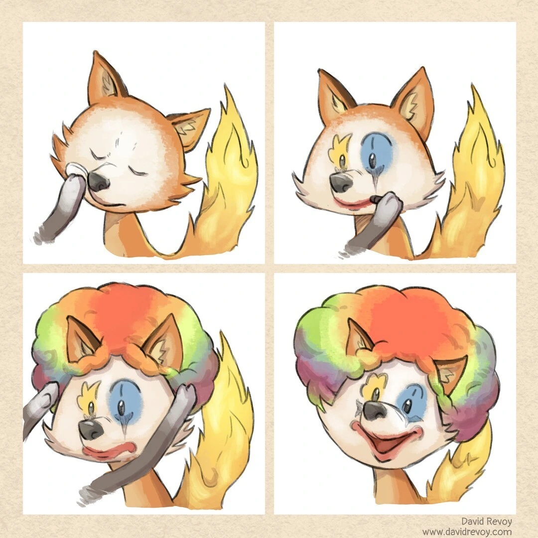 four panal comic of Firefox putting clown mackup