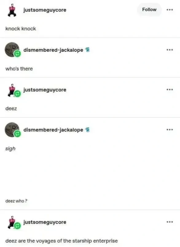 "knock knock" "who's there" "sigh. deez who?" "deez are the voyages of the starship enterprise"