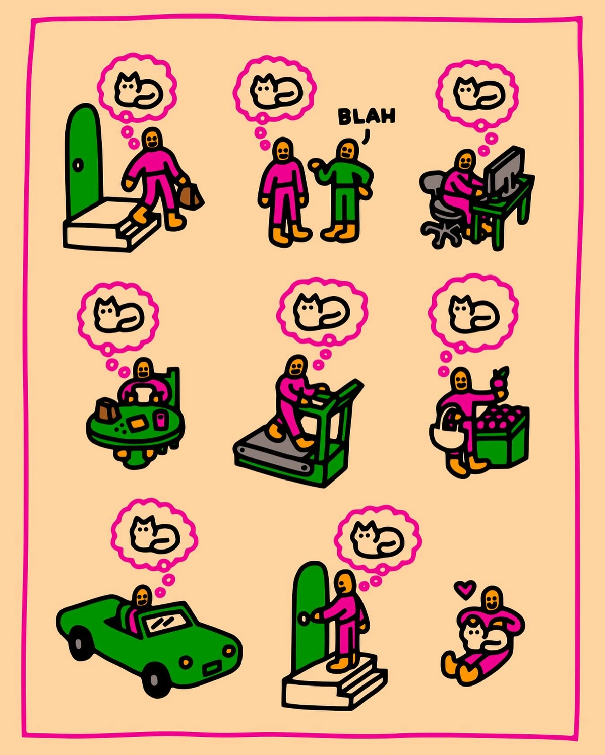 The comic shows different scenes of the daily routine of what is depicted as a normal man. He leaves his home, goes to work, shops for groceries, etc. In every scene he is thinking of his cat as a “loaf”. In the last scene, he finally is back home from his day, with his cat loafing on his lap