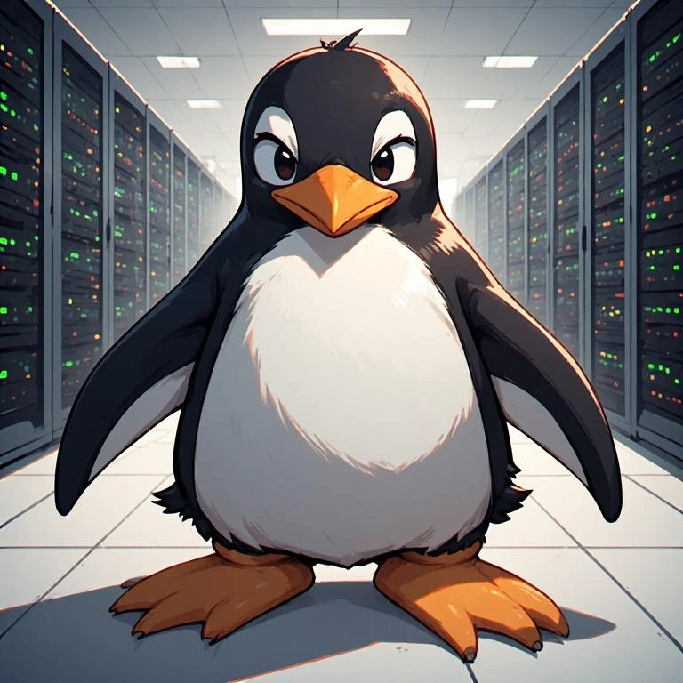 Tux il pinguino di Linux dentro una sala server