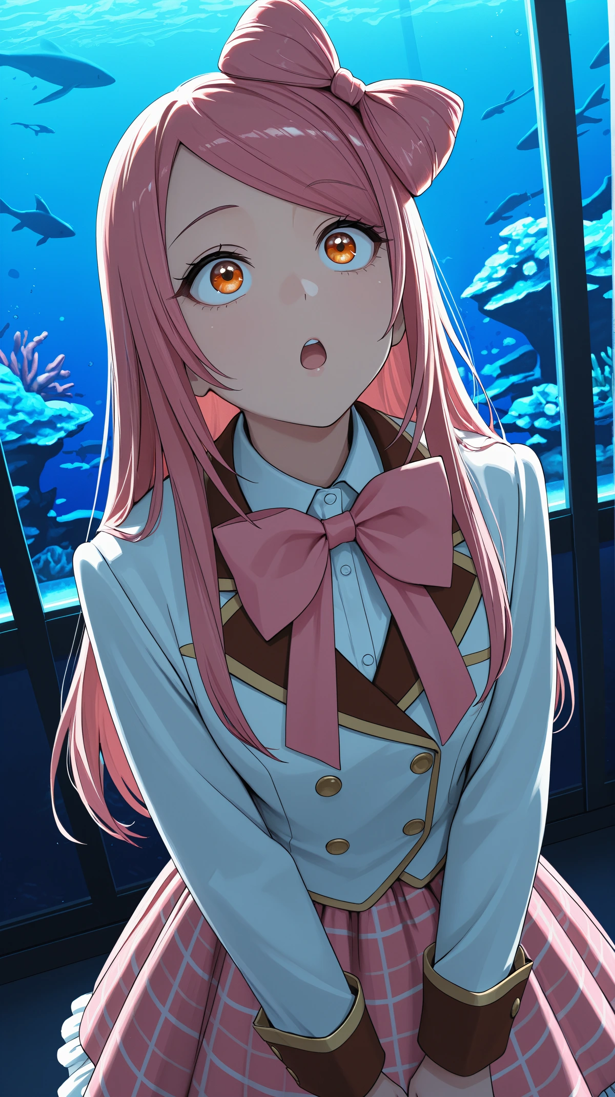 A man with amber eyes and long pink hair, styled in a large pink bow on top, who has his mouth slightly open in an expressive look. He is wearing a white and brown double-breasted jacket with gold buttons over a collared shirt, and a large pink bow-tie at his neck, along with a pink and white plaid skirt. He is positioned in front of a large aquarium tank filled with blue water, where several fish are visible swimming among coral and rocks, emanating ambient blue light.