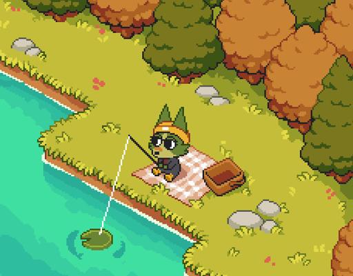 pixel art of a green wolf / dog character sitting on a pink gingham picnic blanket. a picnic basket sits next to them. the blanket is laid on the grass and the character is fishing in green-blue water where a couple of fish silhouettes can be seen circling the lure (which looks like a lily pad). behind the character are trees of green and orange indicating an autumnal scene