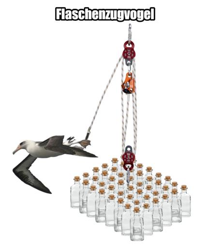 Bild eines Flaschenzugs an dessen Lastende eine Sammlung loser Glasflaschen zu sehen ist. Auf der linken Seite ist ein Zugvogel zu sehen (ein Albatros), der am Flaschenzug zieht. Mittig oben im Bild steht: "Flaschenzugvogel".